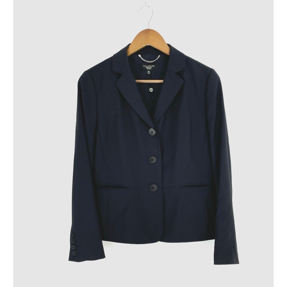 Talbots Women's Blazer 10P Petite Black Wool Blend Long Sleeve Lined Pockets